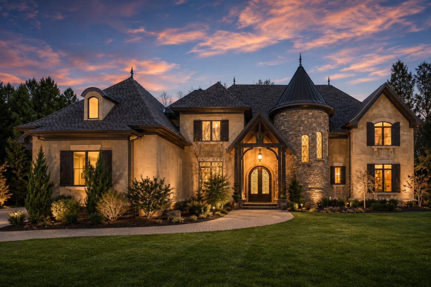 Skyecroft residence with stone turret, timber-framed entry and slate roof at dusk