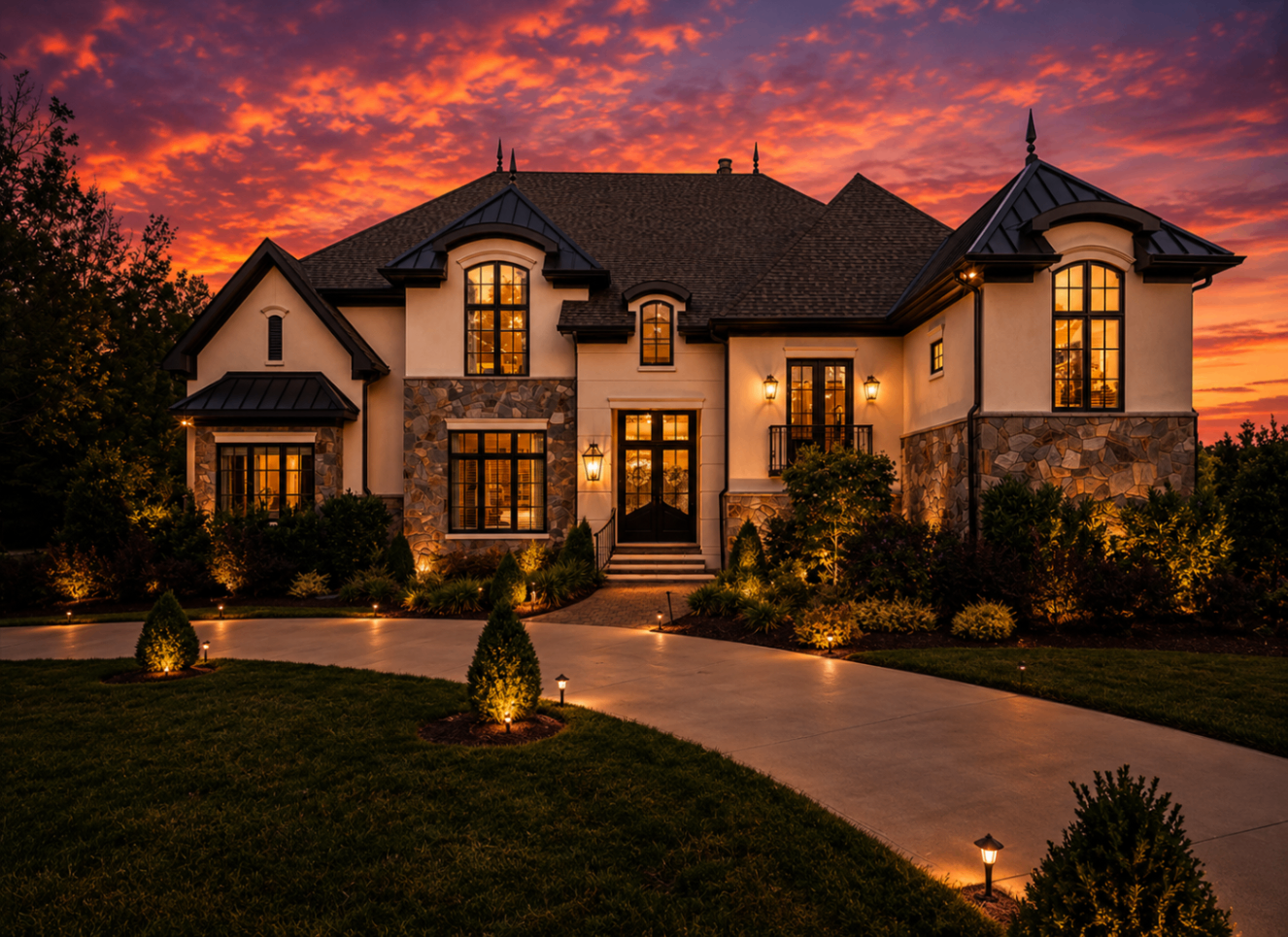 Skyecroft French-country manor at twilight with warm interior light