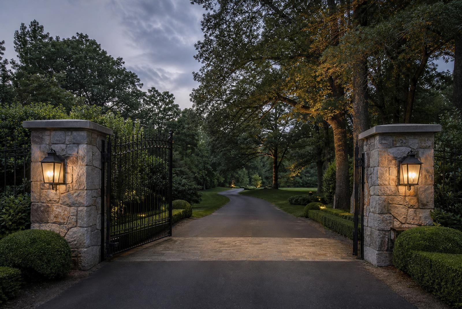 Gated stone entrance pillars and lantern-lit private drive at dusk