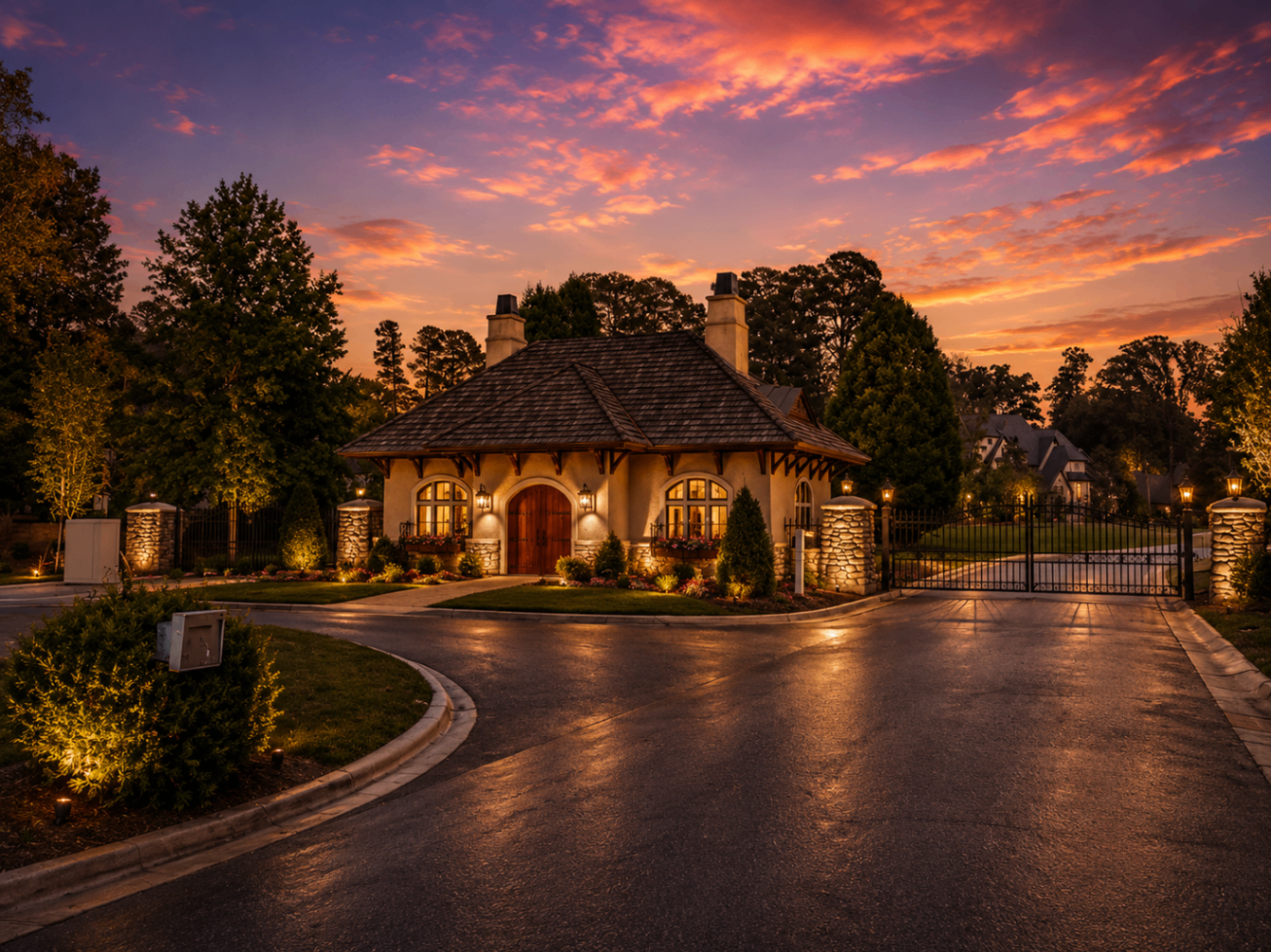Skyecroft stone gatehouse and iron gates illuminated at twilight