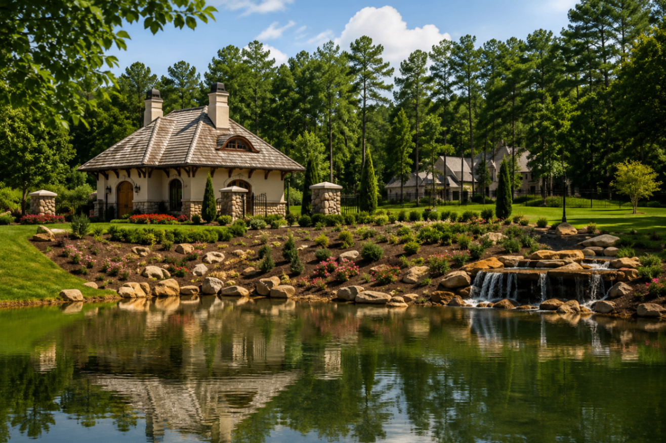 Skyecroft private lake with stone waterfall and cottage among mature pines