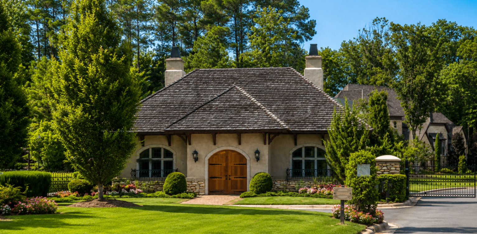 Skyecroft stone gatehouse framed by mature landscaping in daylight